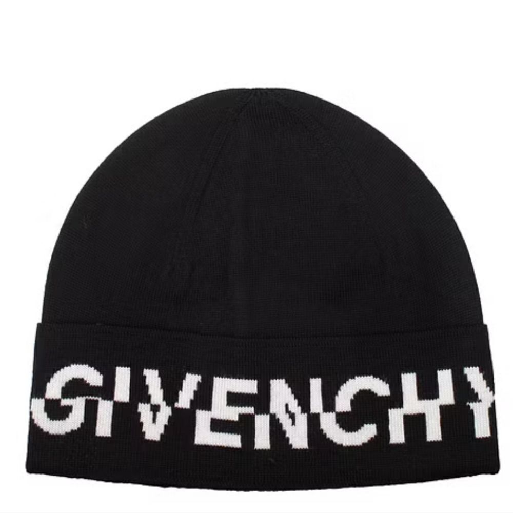 Givenchy Black Split Logo unisex Beanie Paris Motif Knitted 100% Laine W…